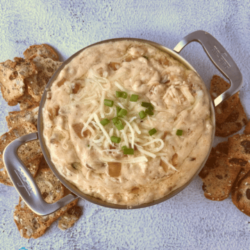 looking down on a sliver bowl filled with slow cooker onion and cheese dip with pretzels on the side