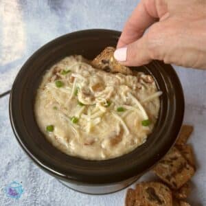 a hand using a cracker to scoop cheesy caramelized onion dip out of a small slow cooker