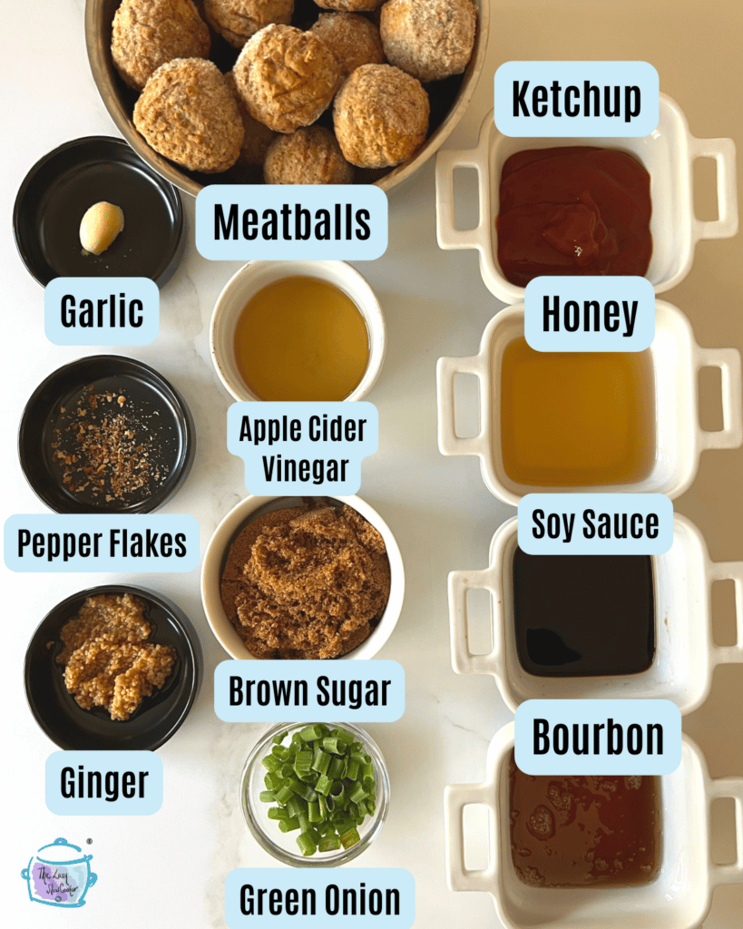 slow cooker bourbon meatball ingredients with labels