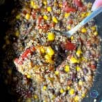A crockpot filled with Mexican quinoa after cooking with some on a spoon
