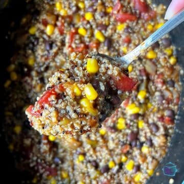 A crockpot filled with Mexican quinoa after cooking with some on a spoon