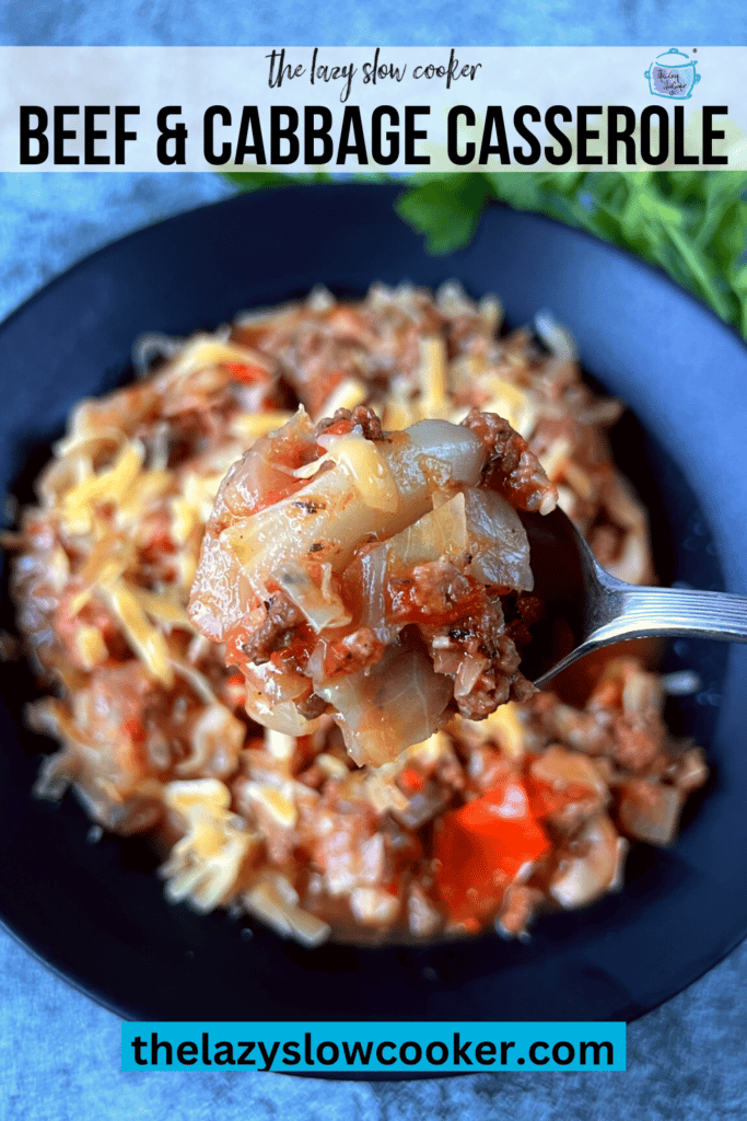 cabbage and beef recipe on a spoon after it is slow cooked