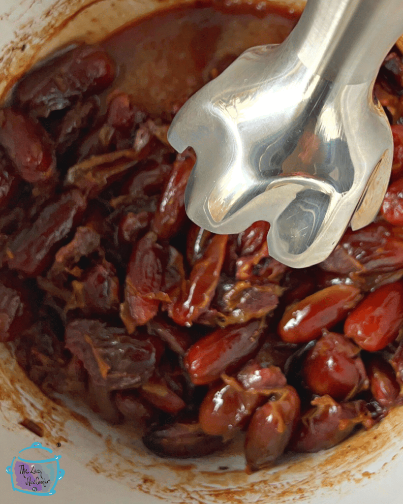 cooked dates ready to be blended with immersion blender