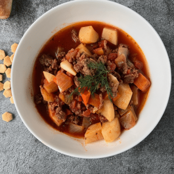 Looking down on a bowl of crockpot ground beef stew