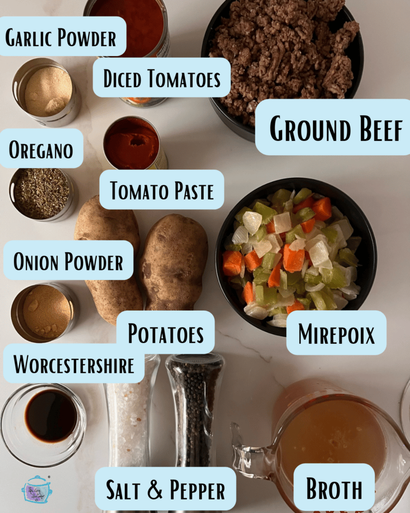 Ground beef slow cooker stew ingredients with labels