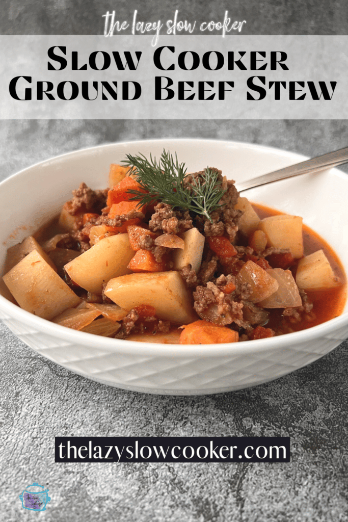 a bowl of crockpot ground beef stew with a spoon