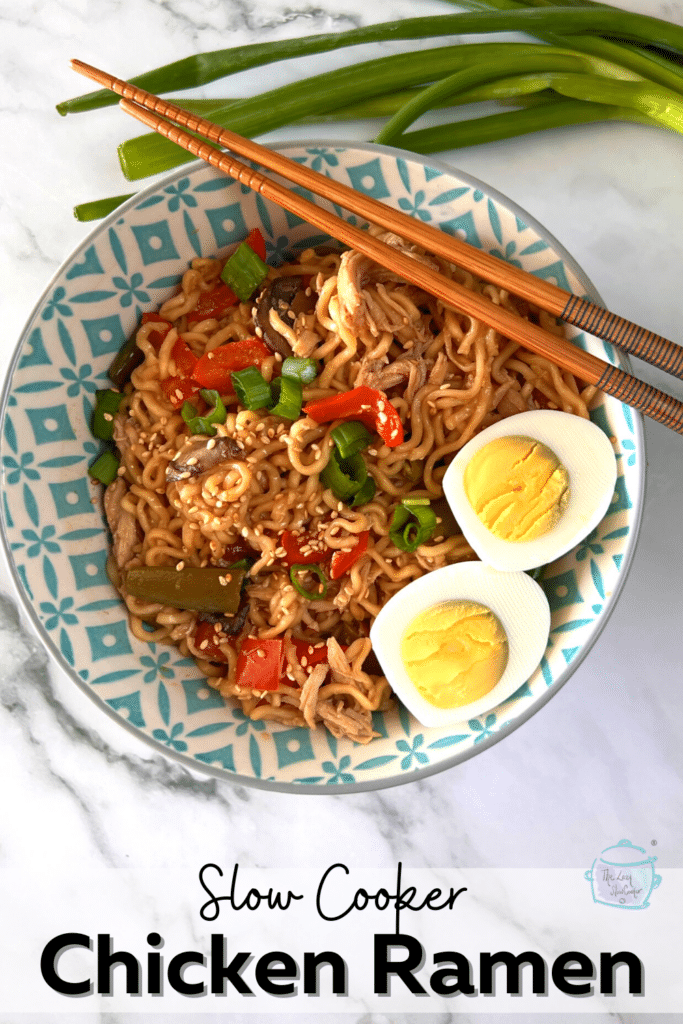 slow cooker ramen noodle with chicken in a bowl with chopsticks