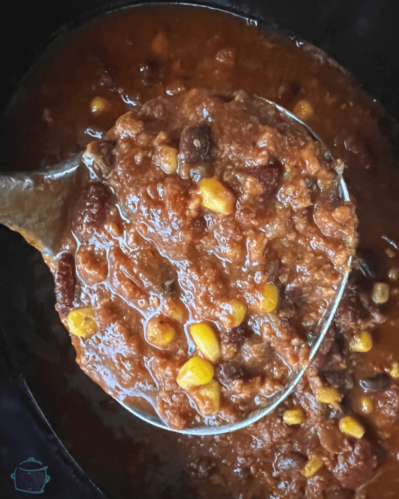 A ladle full of ground chicken chili ready to eat.