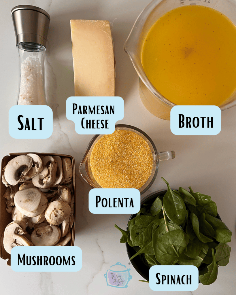 slow cooker polenta ingredients with labels