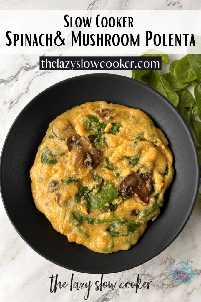 looking down on a bowl of slow cooker polenta with mushrooms and spinach