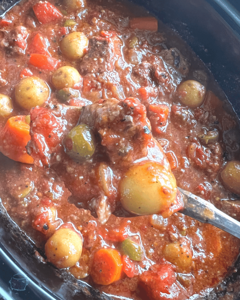 spanish beef stew in a slow cooker ready to serve