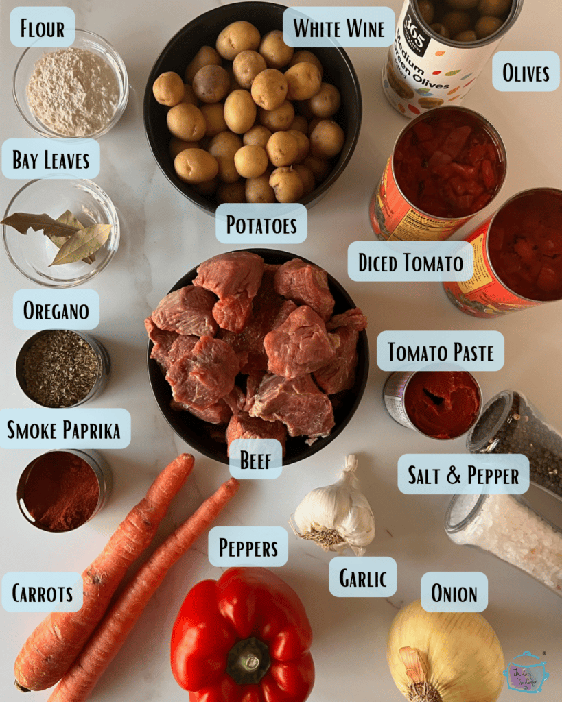 slow cooker Spanish beef stew ingredients with labels