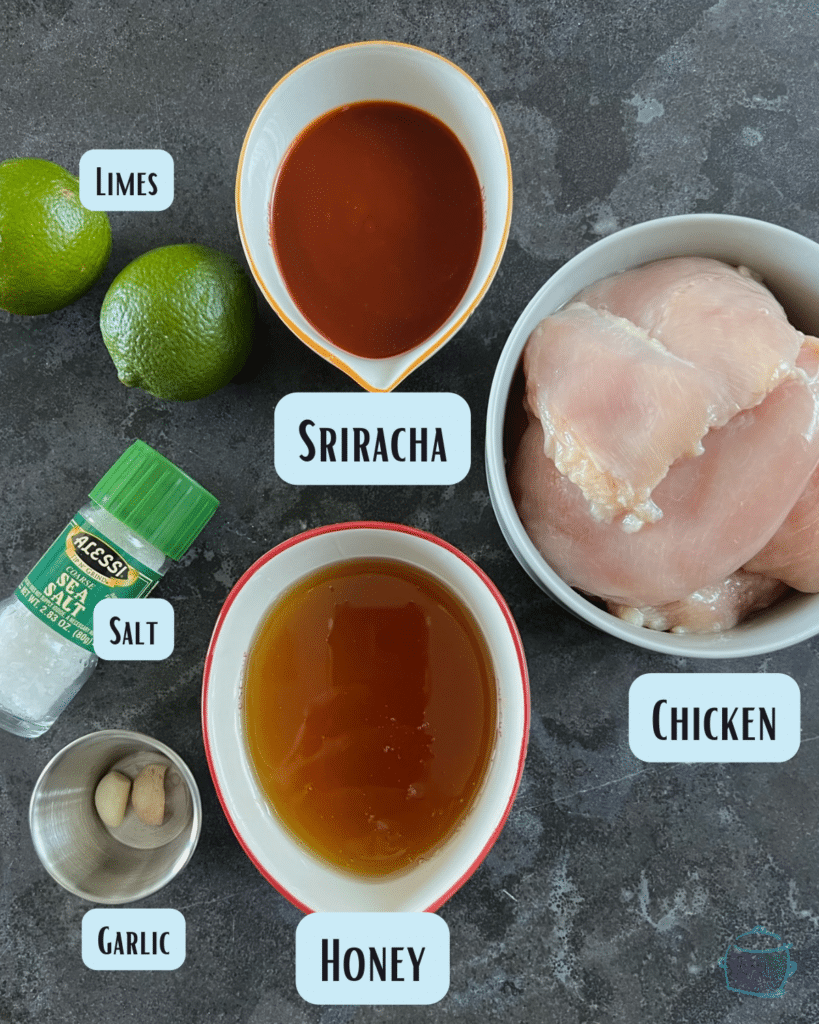 honey sriracha chicken ingredients with lables