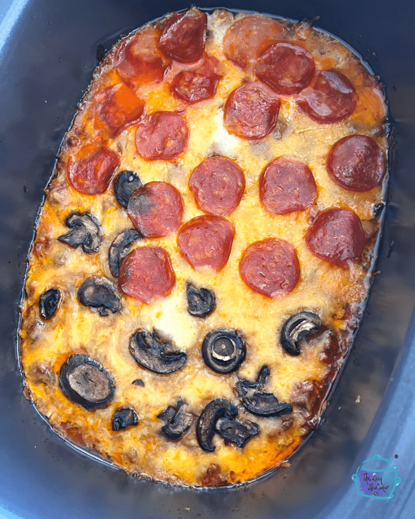 finished crustless pizza recipe sill in slow cooker before serving