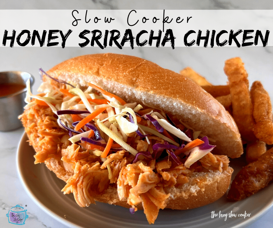 a sandwich made of slow cooker honey sriracha chicken and cabbage slaw