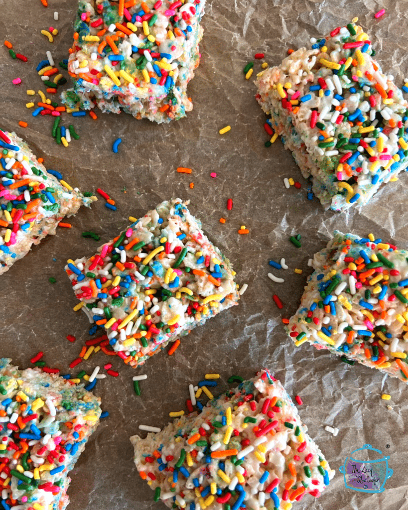 colorful rice krispie treats made in a slow cooker and cut into squares