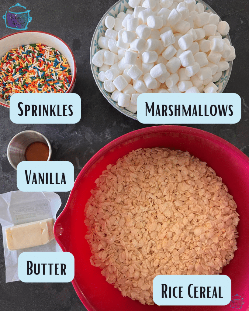 slow cooker rice krispie treat ingredients with lables