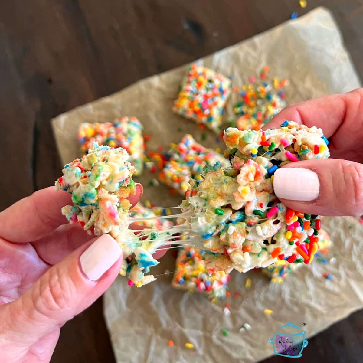 a close shot of some colorful slow cooker rice and marshmallow squares