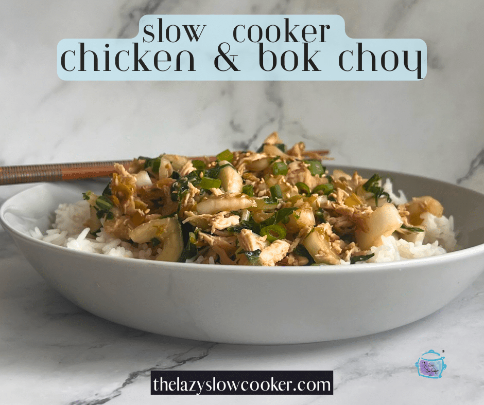 side view of slow cooker chicken and bok choy with leaks on a bed of rice in a grey bowl with chop sticks