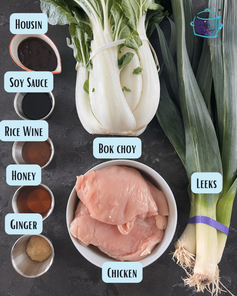 slow cooker chicken and bok choy ingredients with labels