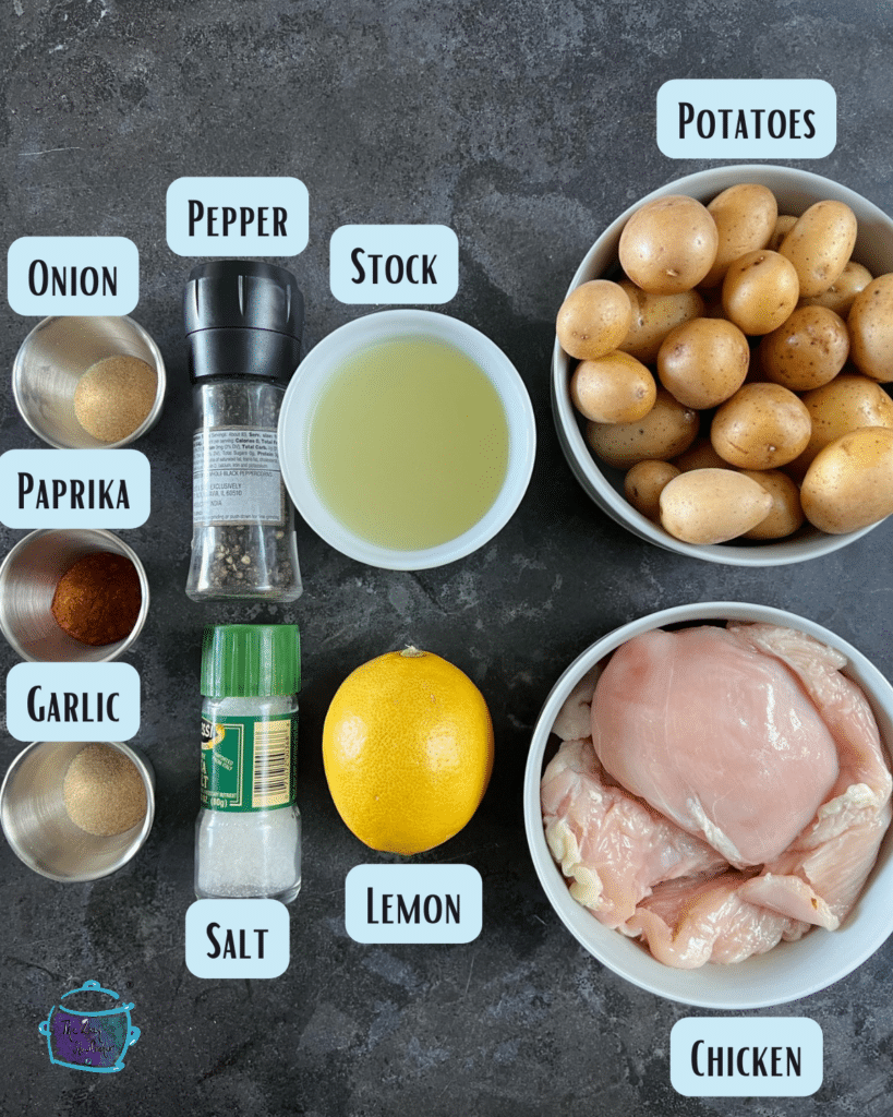 a list of ingredients for cooking the chicken and potatoes that goes into slow cooker chicken salad and smashed potatoes