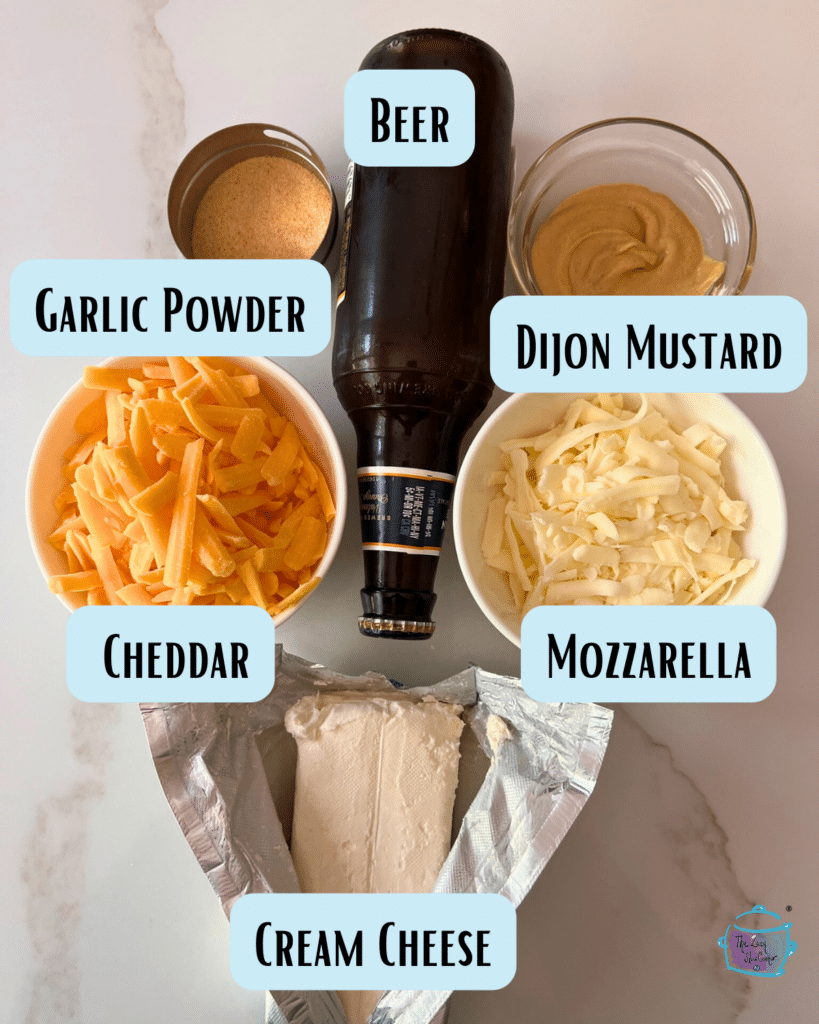 cheesy beer dip ingredients with labels