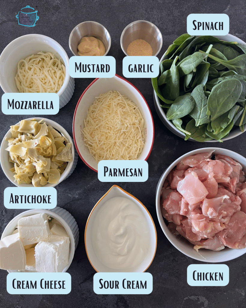 slow cooker creamy chicken with spinach and artichoke ingredients with labels