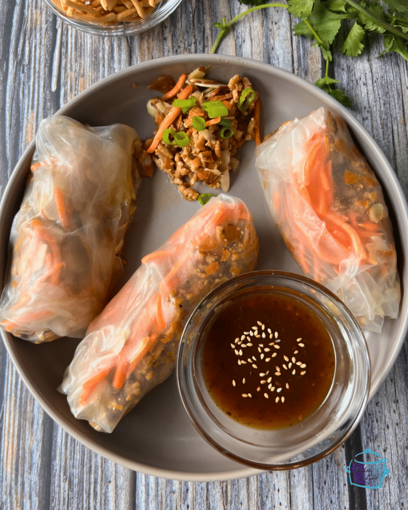 Slow Cooked Asian chicken spring rolls on a plate with dipping sauce