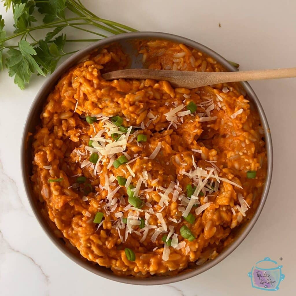 slow cooker vegetable sauce with orzo in a silver bowl topped with shredded parmesan cheese.