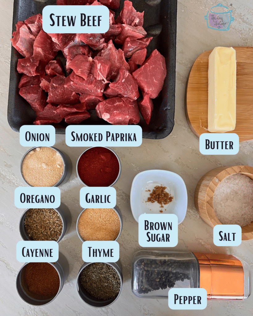 slow cooker cajun steak bite ingredients with labels