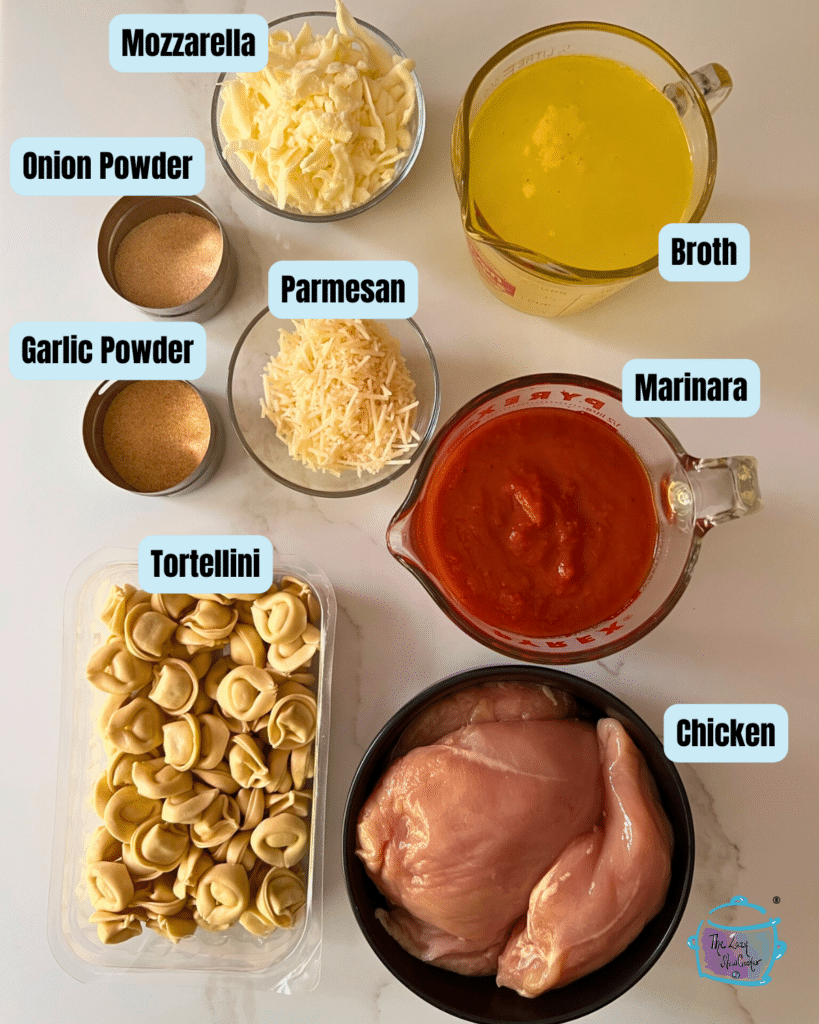 slow cooker chicken and tortellini ingredients with labels.