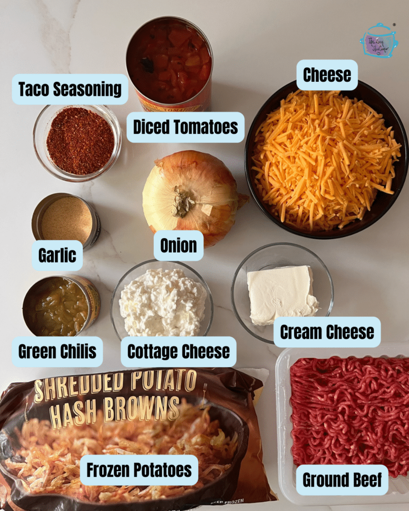slow cooker taco potato casserole ingredients with labels