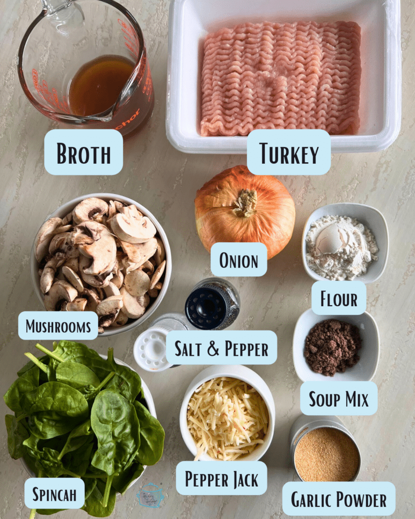 Slow cooker ground turkey spinach and pepper jack cheese casserole ingredients with lables