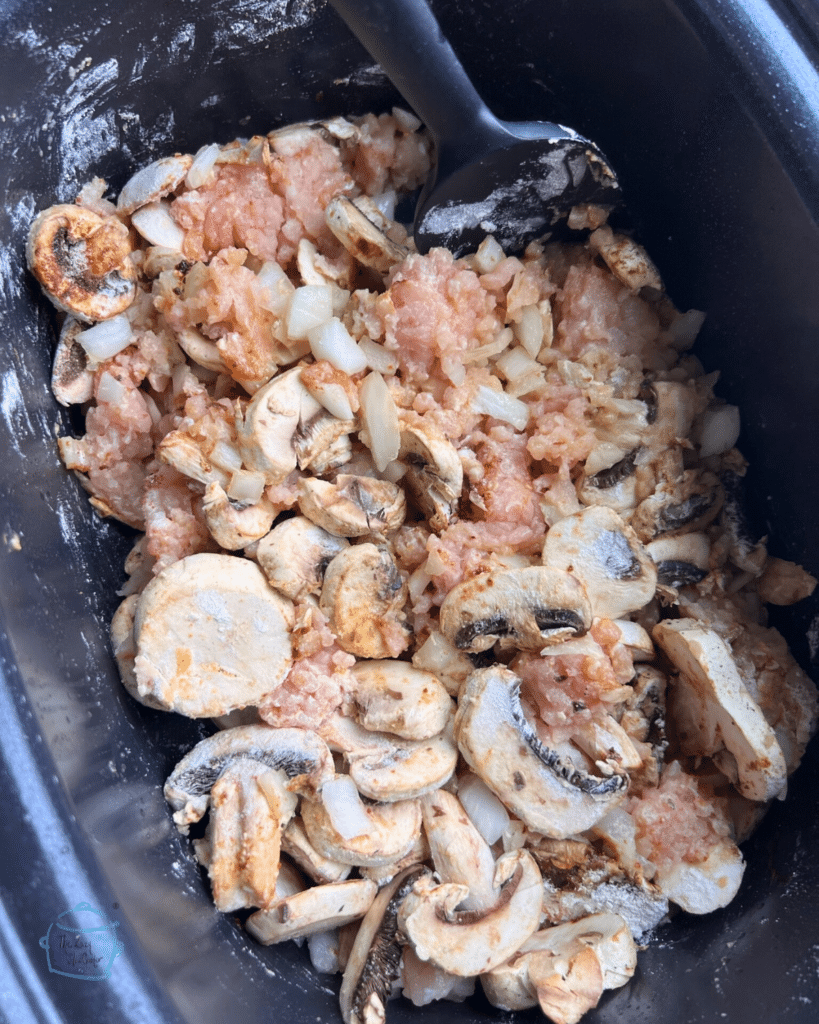 Ground turkey, mushrooms, onions and spices in slow cooker before cooking