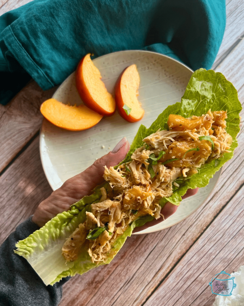 slow cooked balsamic chicken with peaches in a lettuce wrap