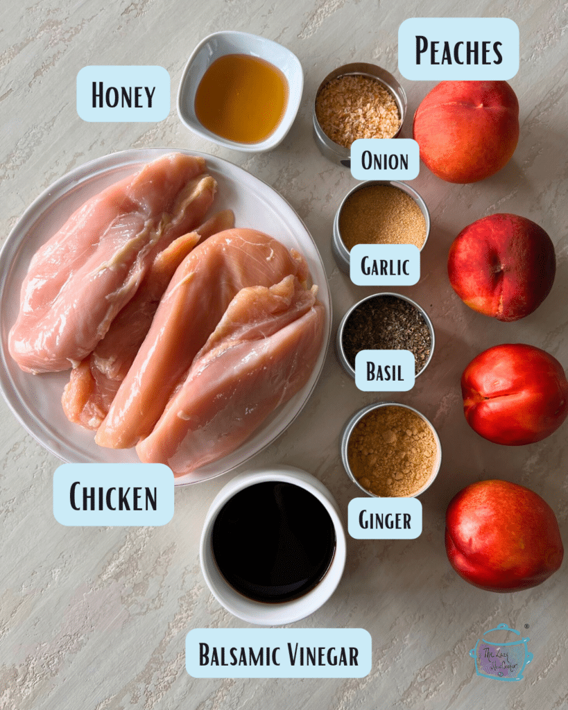 slow cooker balsamic peach chicken ingredients with lables