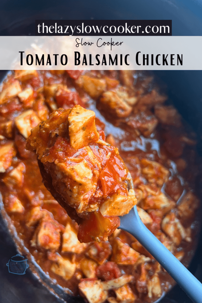 a slow cooker full of tomato balsamic chicken with a spoon