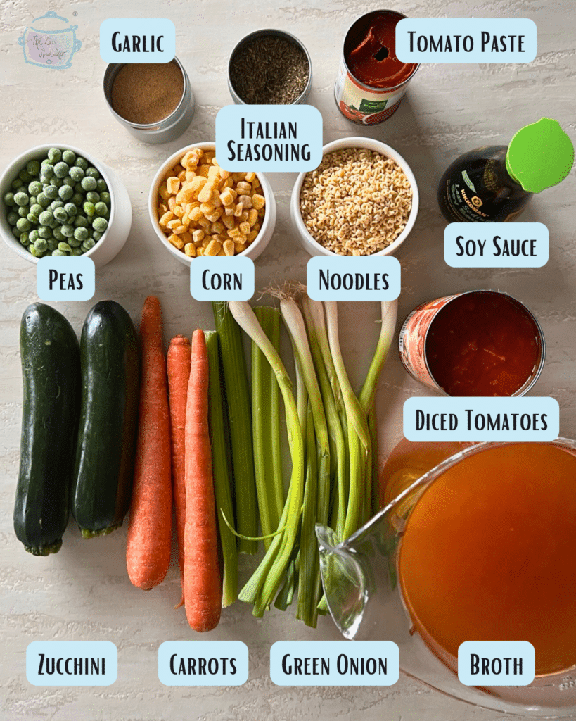 Slow Cooker vegetable alphabet soup ingredients with labels