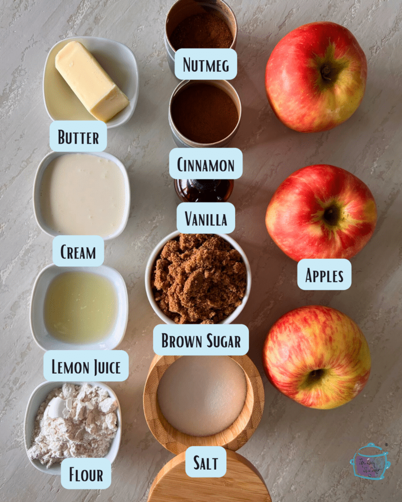 caramel apple pie crockpot recipe ingredients with labels