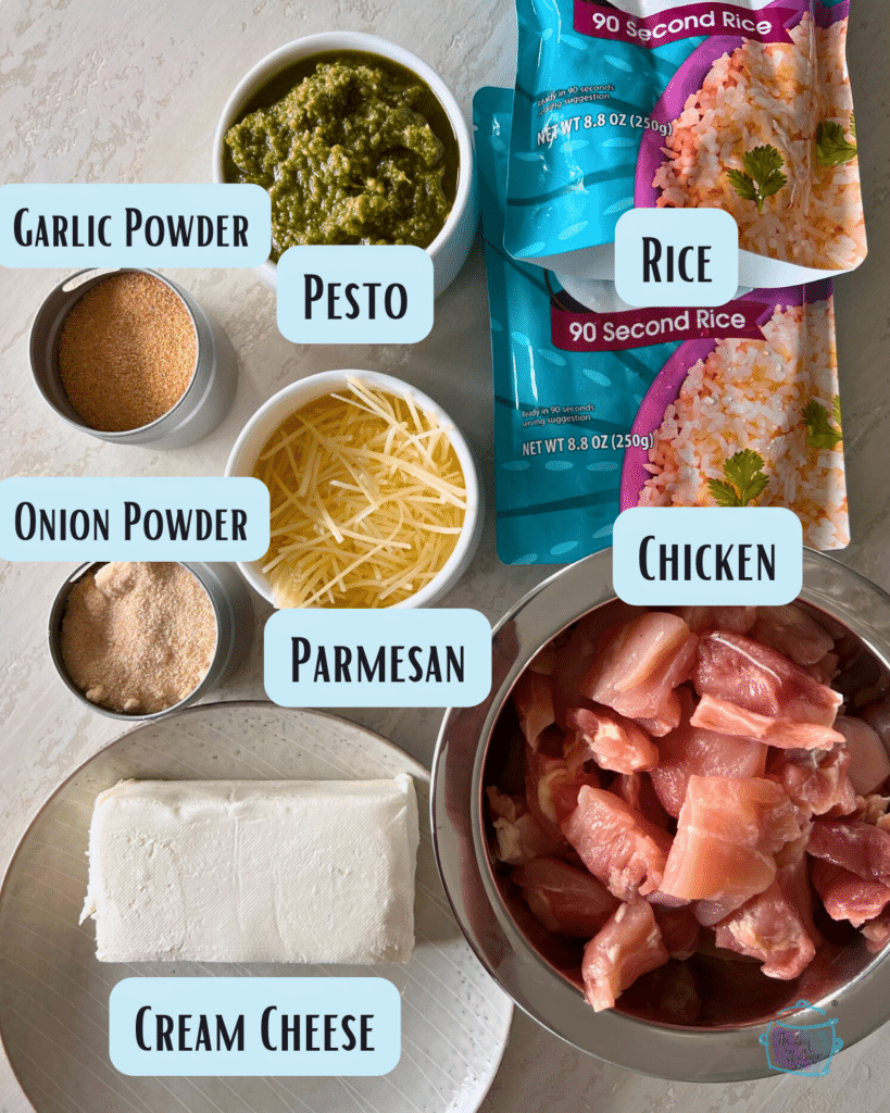 slow cooker pesto chicken ingredients with labels