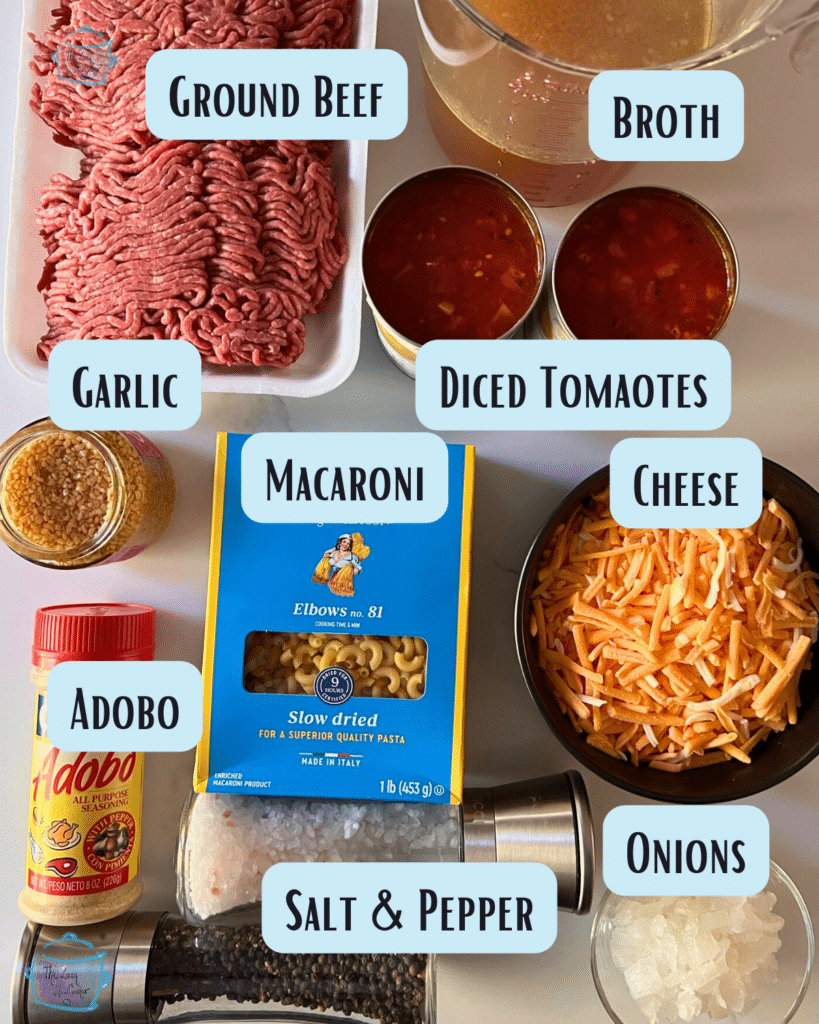 Slow cooker beefy mac with cheese ingredients with labels