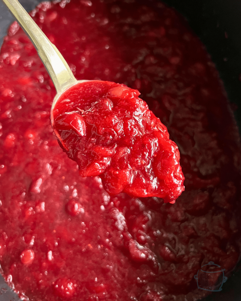 Cranberry sauce on a spoon held over a crockpot of the same