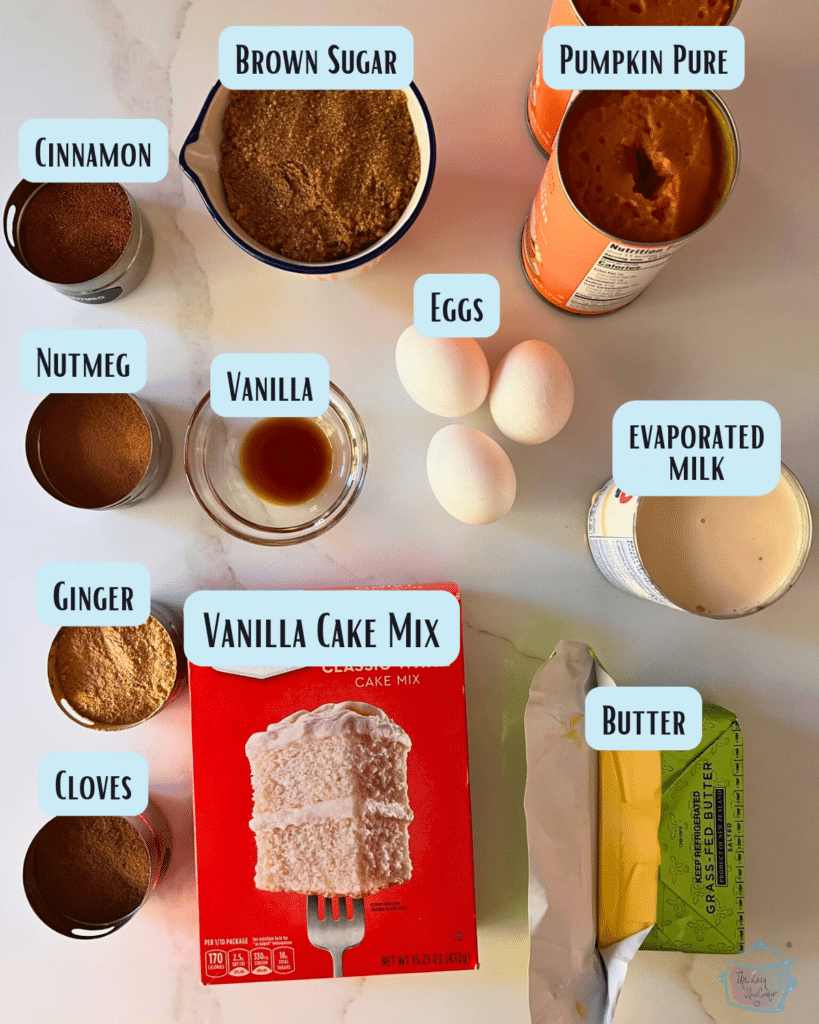 slow cooker pumpkin cobbler ingredients on a table with labels