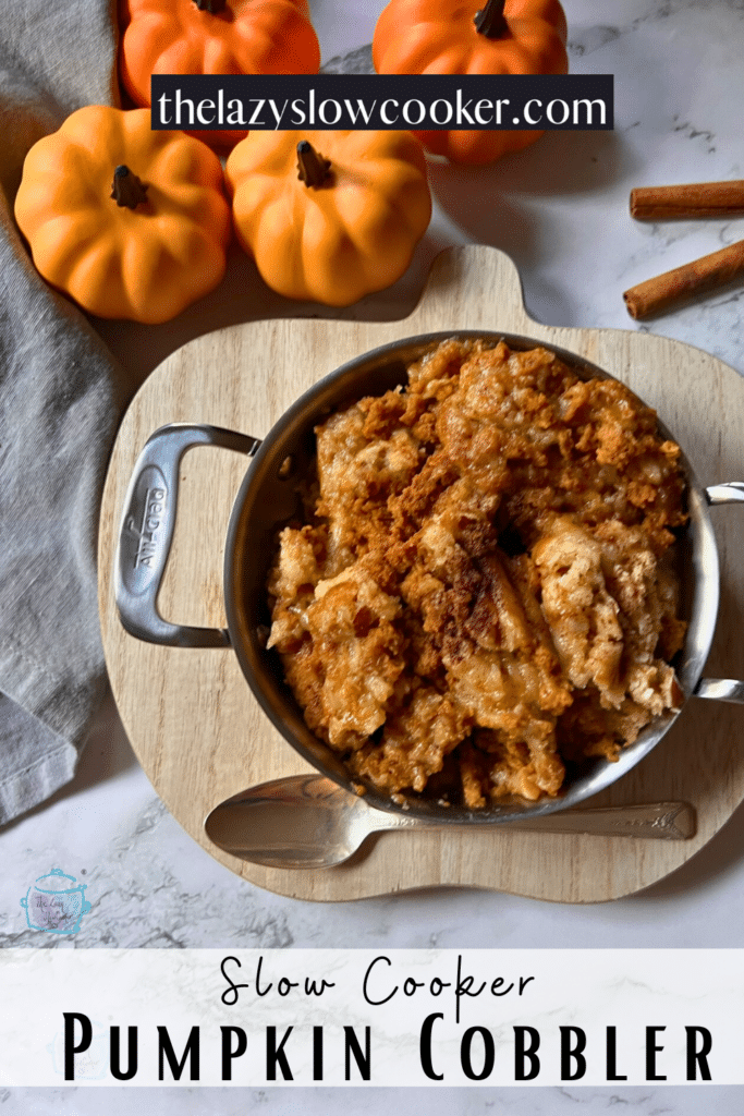 slow cooker pumpkin cobbler in a round pot with handles