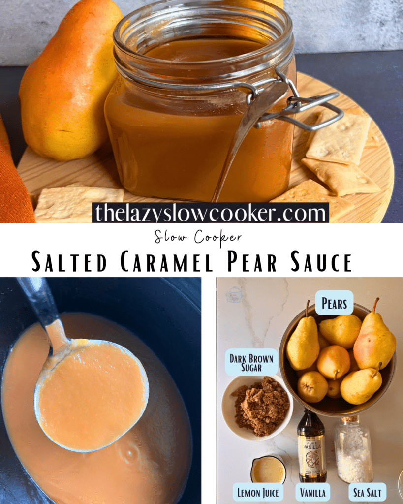 a collage of pictures of pear butter both while cooking and after