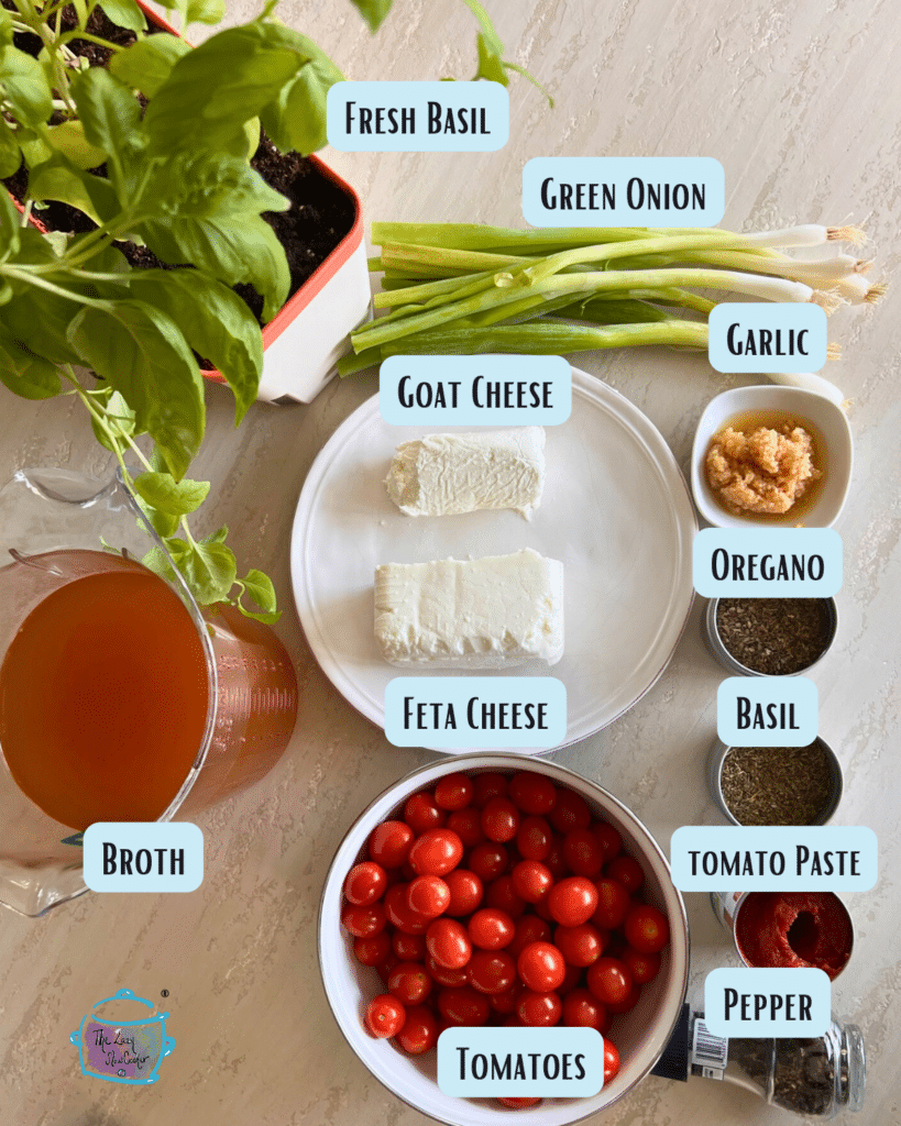 crock pot feta and tomato soup ingredients with lables