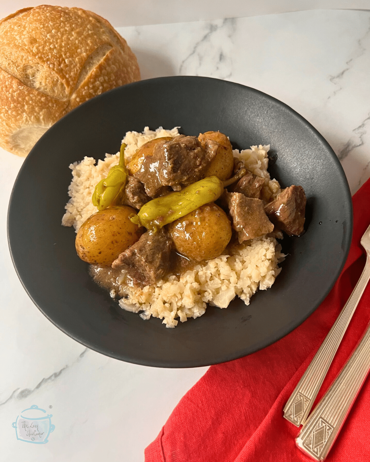 Mississippi beef stew in black bowl after cooking
