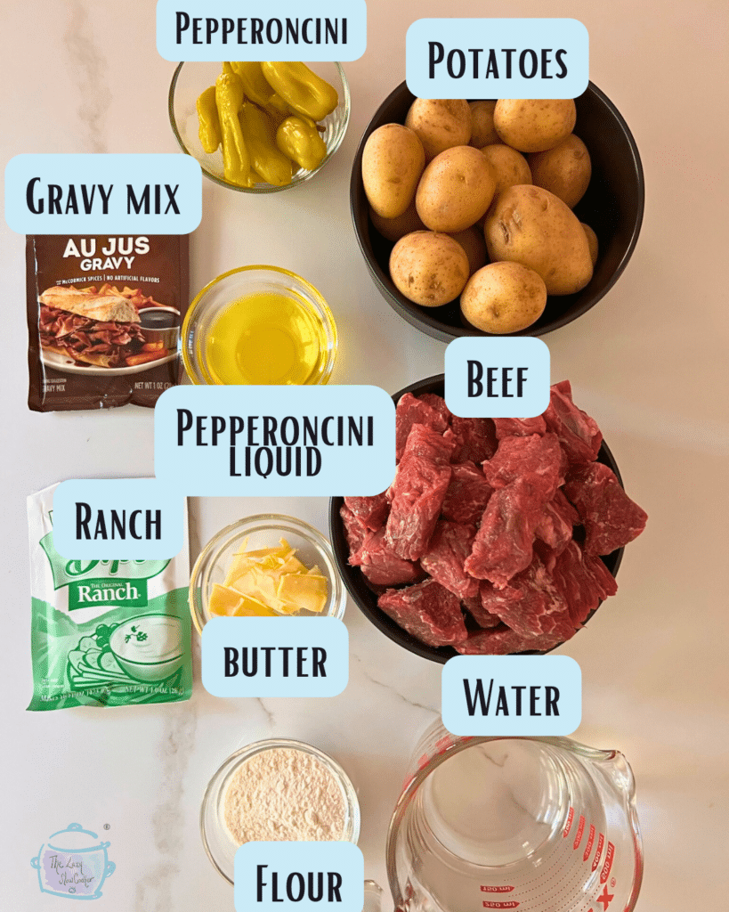 Mississippi crockpot stew ingredients with lables