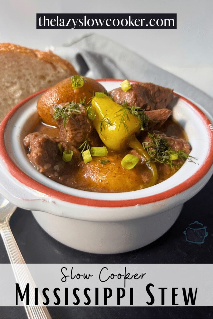 slow cooker beef stew with pepperoncini peppers in a round white bowl