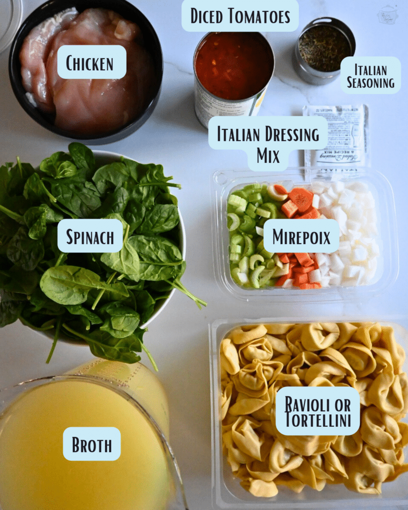 slow cooker Italian chicken ravioli soup ingredients with labels